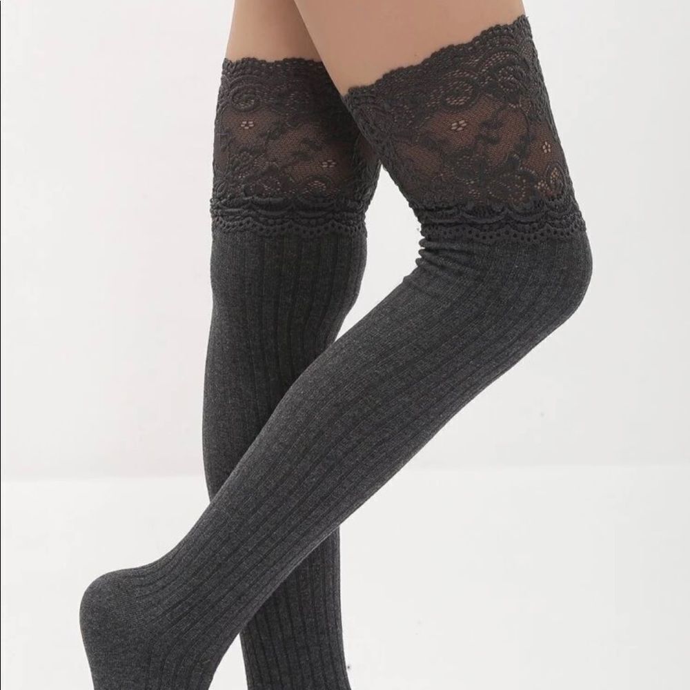 Dark Grey Ruffled Lace Thigh High Socks - Picture 5 of 8